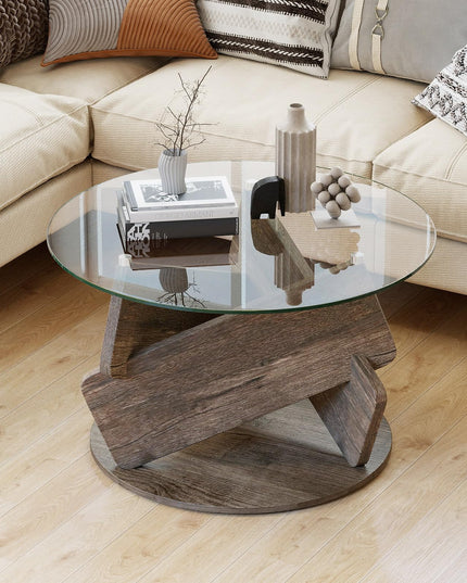 Giantex 32 Inch Modern Center Table with Clear Tempered Glass Top & Solid Wood Legs
