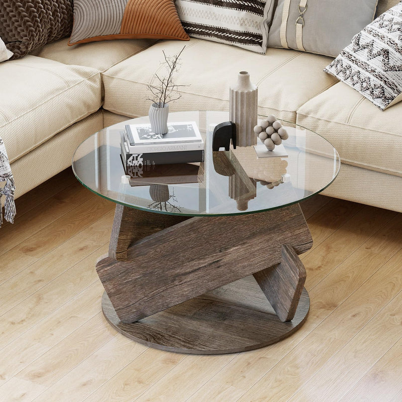Giantex 32 Inch Modern Center Table with Clear Tempered Glass Top & Solid Wood Legs