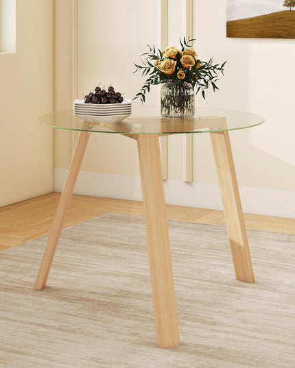Giantex Round Glass Dining Table for 4 - Small Coffee Table with Rubber Wood Frame