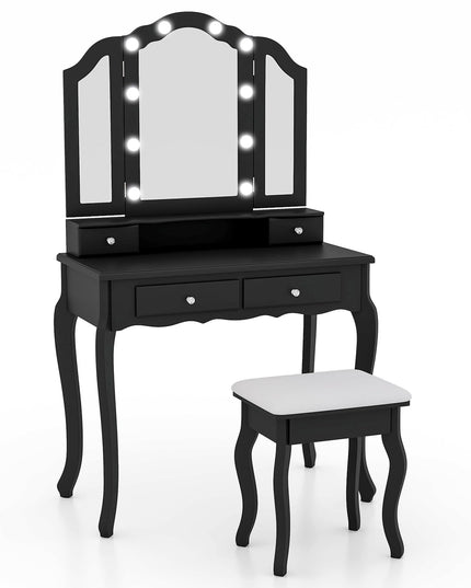 CHARMAID Vanity Desk with Lights - Makeup Vanity Table with Tri-Fold Mirror, 10 Adjustable Hollywood LED Lights, 4 Storage Drawers