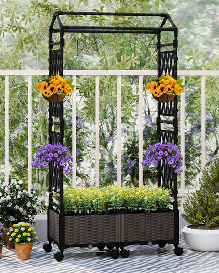 Giantex Raised Garden Bed with Trellis | Tall Self-Watering Planter Box on Lockable Wheels w/Roof