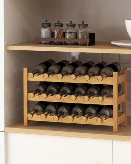 Giantex Bamboo Wine Rack, 3 Tier 18 Bottle Wine Storage Cabinet Shelf, Small Wine Rack Bottle Organizer Freestanding Counter