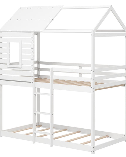 Giantex White Wood Bunk Bed Twin Over Twin with Ladder and Guardrail