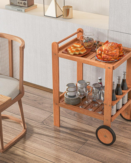 Giantex Wood Bar Cart 2 Tier Side Table with Large Wheels & Wine Bottle Rack