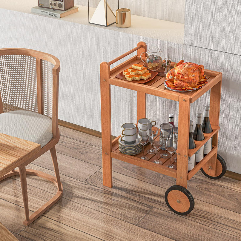 Giantex Wood Bar Cart 2 Tier Side Table with Large Wheels & Wine Bottle Rack