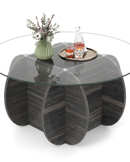 Giantex 35" Glass Round Coffee Table with Storage & Solid Wood Base