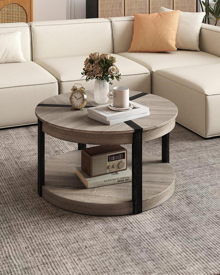 Giantex Round Coffee Table with Open Storage Shelf & Rubber Wood Frame