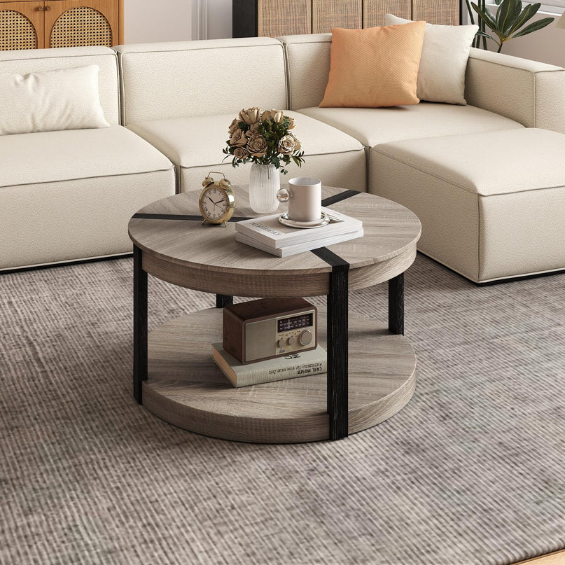 Giantex Round Coffee Table with Open Storage Shelf & Rubber Wood Frame