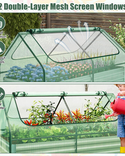 Giantex Galvanized Steel Raised Garden Bed with Mini Greenhouse, Outdoor Metal Planter Box Kit with Large Roll-up Cover