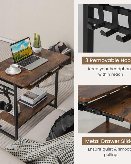Giantex Mobile Computer Desk, Rolling Writing Desk with Keyboard Tray, Shelf & 3 Hanging Hooks, Rustic Brown & Black