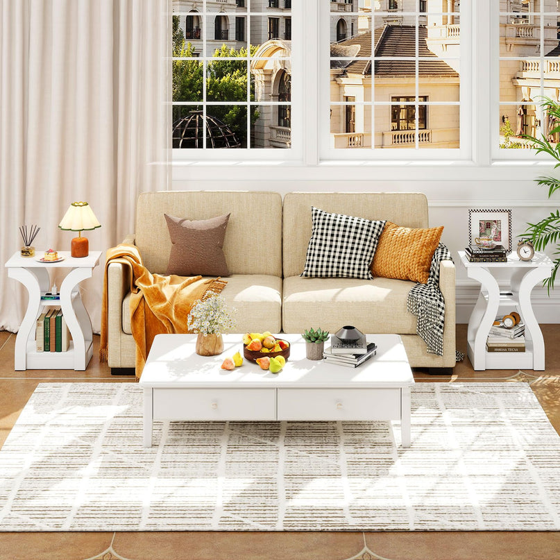 Giantex End Tables with Charging Station Set of 2 |Vintage Nightstands for Living Room