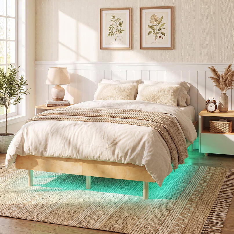 GIANTEX Wood Floating Bed Frame Twin/Full/Queen Size with Smart LED Light