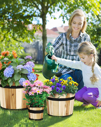 Giantex Set of 3 Barrel Planters Outdoor Acacia Wood Raised Garden Bed