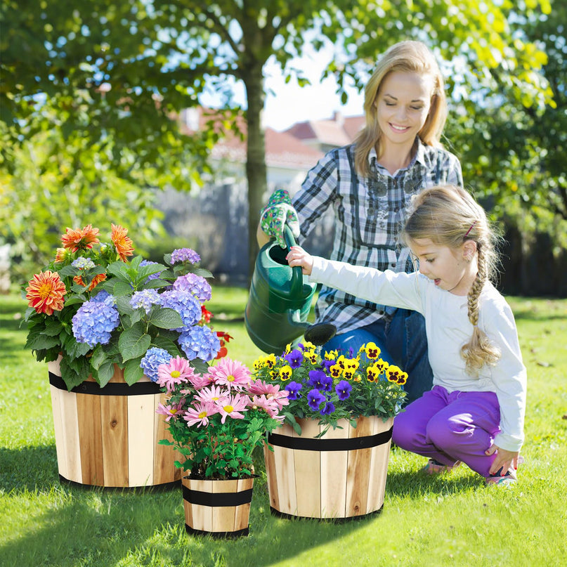 Giantex Set of 3 Barrel Planters Outdoor Acacia Wood Raised Garden Bed