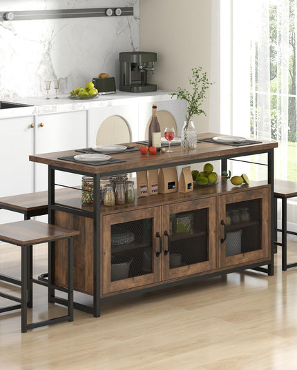 Giantex Dining Table Set for 4, Kitchen Island with Seating Bench & Stools, Storage Cabinet, 3-Position Adjustable Shelves