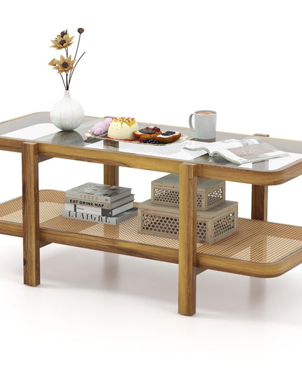 Giantex Rattan Coffee Table, 47.5" Rectangle Solid Wood Tea Table w/Tempered Glass Tabletop