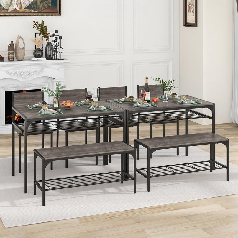 Giantex Dining Table Set for 4, Kitchen Table with Chairs & Bench, Storage Racks