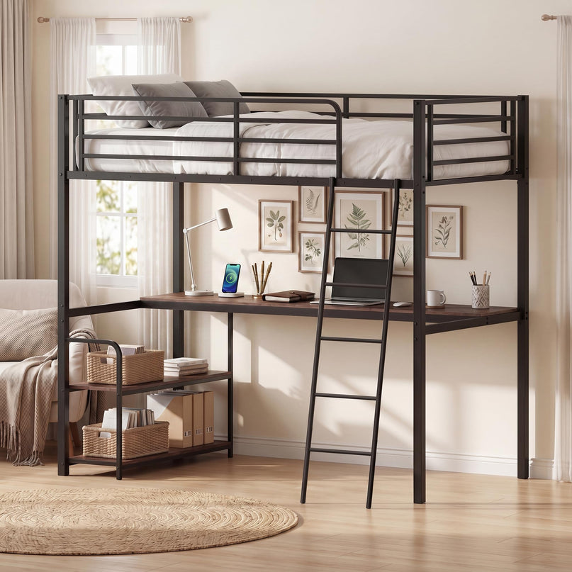 Giantex Twin Loft Bed with Desk & Charging Station