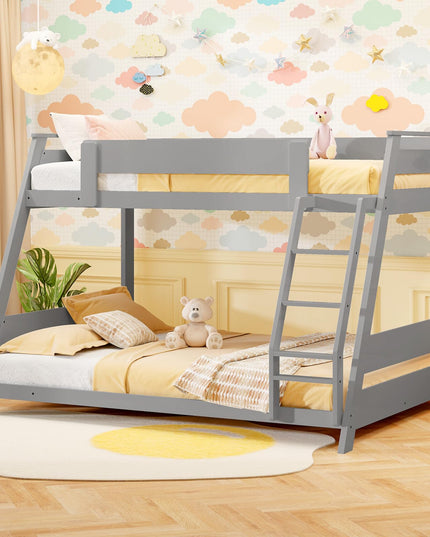 Giantex Wood Bunk Beds Twin Over Full Size, Solid Wood Floor Low Bunk Bed w/Removable Ladder