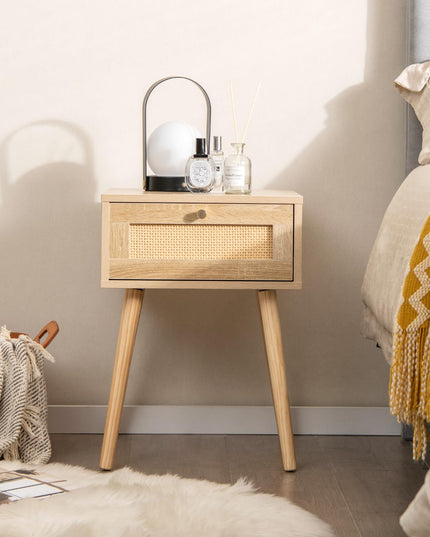 Giantex Boho Rattan Nightstand Set of 2 - Bedside Table with Hand-Woven Rattan Decoration, Natural