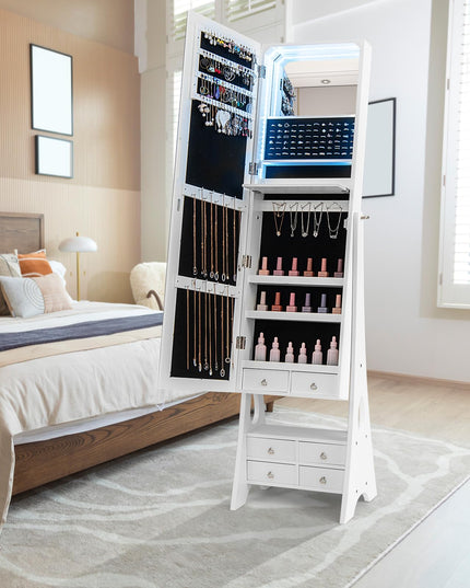 Jewelry Armoire with Full Length Door Mirror & Inside Lighted Vanity Mirror