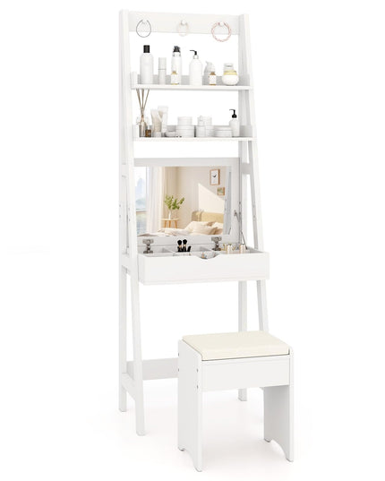 CHARMAID Small Vanity Desk with Mirror, Ladder Makeup Vanity Table with Flip top Mirror