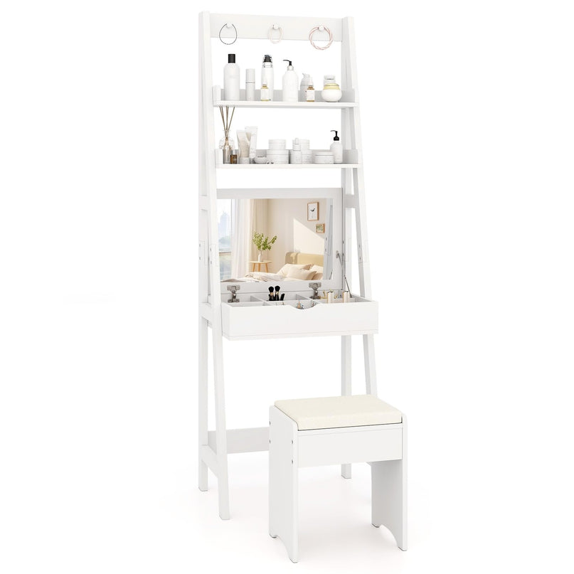CHARMAID Small Vanity Desk with Mirror, Ladder Makeup Vanity Table with Flip top Mirror