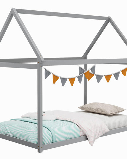 Giantex Twin House Bed, Wood Montessori Bed Frame with House Roof Canopy