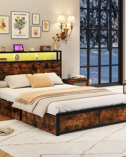 Giantex  LED Bed Frame with Charging Station & 4 Storage Drawers