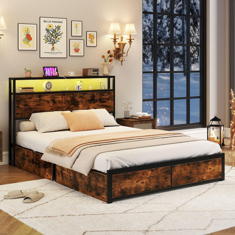Giantex  LED Bed Frame with Charging Station & 4 Storage Drawers