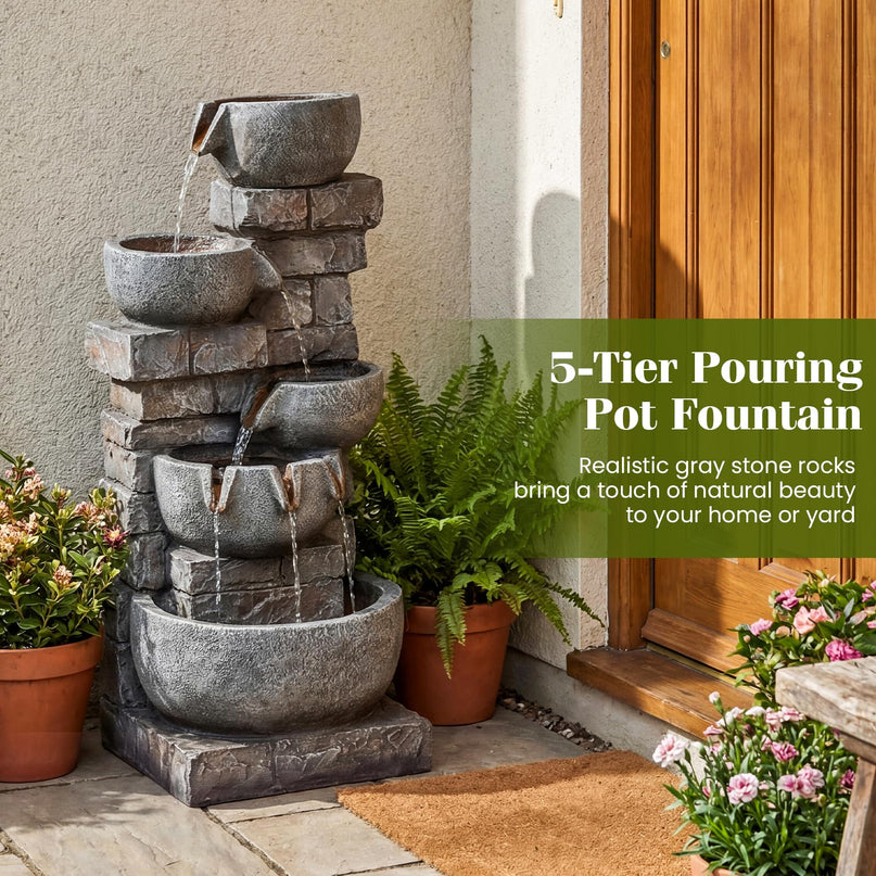 Giantex 5-Tier 33"H Cascading Stacked Stone Bowl Waterfall Fountain with LED Lights & Pump