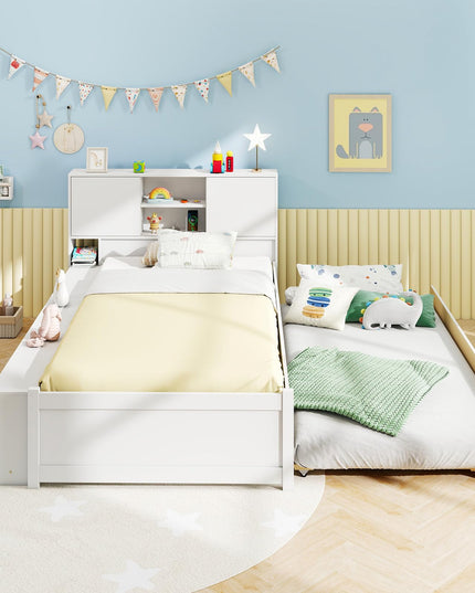 Giantex White Twin Size Bed Frame with Trundle and Bookcase Headboard