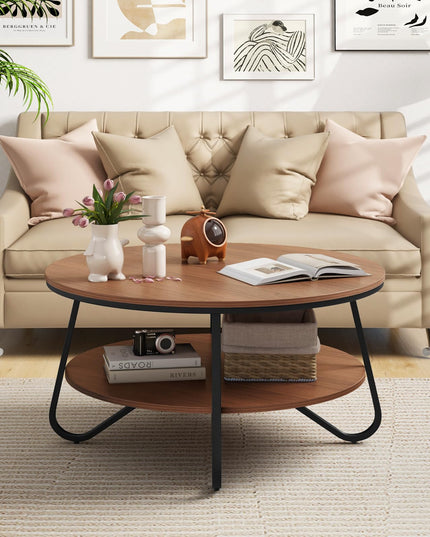 Giantex 2-Tier Round Coffee Table, 33.5" Wood Coffee Table with Open Storage Shelf