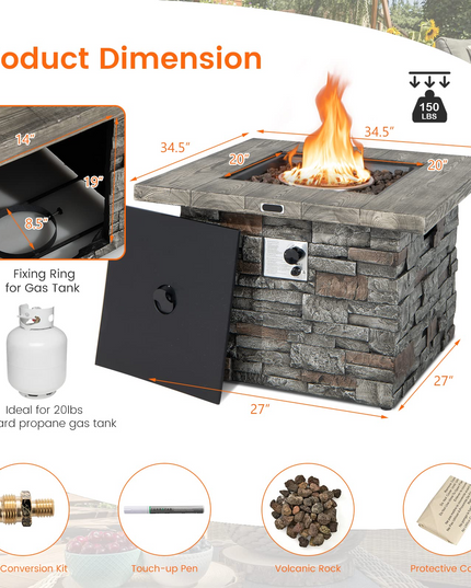 34.5" Propane Gas Fire Pit Table - Patio 2-in-1 Outdoor Square Fire Table W/ Volcanic Rock & PVC Cover