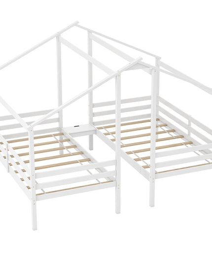 Giantex Double Twin Bed Frames for Kids, Wood House Shaped Platform with Built-in Nightstand & USB Port