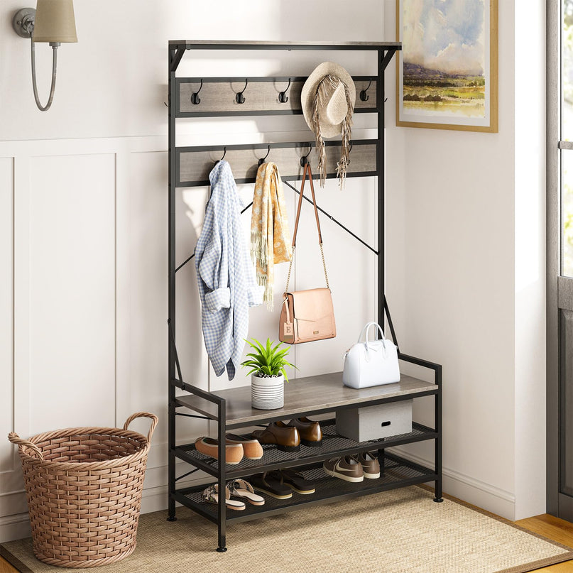 Giantex Freestanding Hall Tree with Shoe Storage Rack and 11 Hanging Hooks
