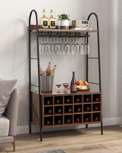 Giantex 18-Bottle Wine Rack Freestanding Floor, Kitchen Baker’s Rack w/ 15 Glasses Holder, Rustic Brown