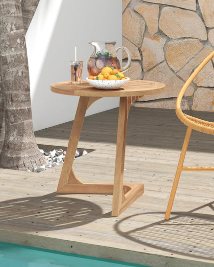 Giantex Teak Wood Outdoor Round Side Table with Slatted Tabletop