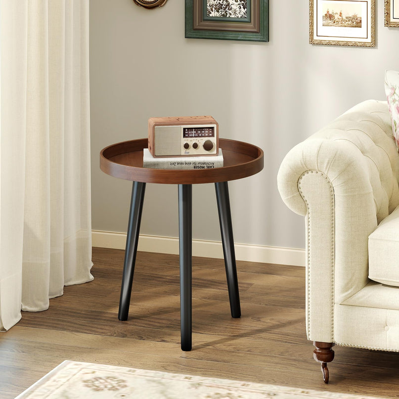 Giantex Round End Table with Wooden Tray & Bamboo Legs