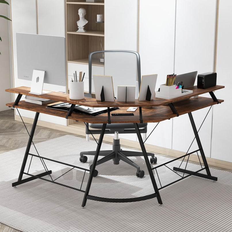Giantex L Shaped Computer Desk with Power Outlet, 51" Corner Computer Desk with Monitor Stand and Reversible Keyboard Tray