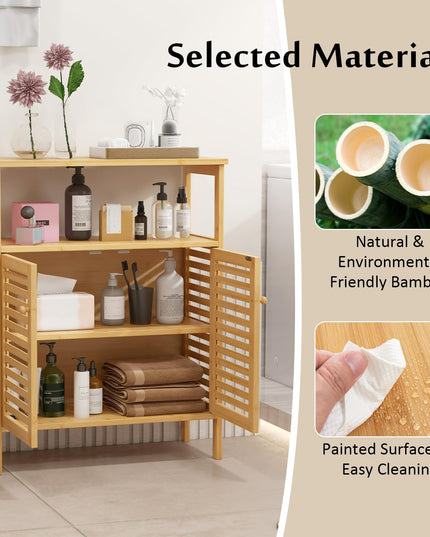 Giantex Storage Cabinet, Bamboo Bathroom Floor Cabinet with Double Louvered Doors