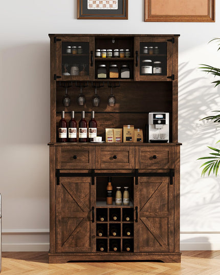 Giantex 72" Farmhouse Coffee Bar Cabinet w/Glass Doors & Wine Racks