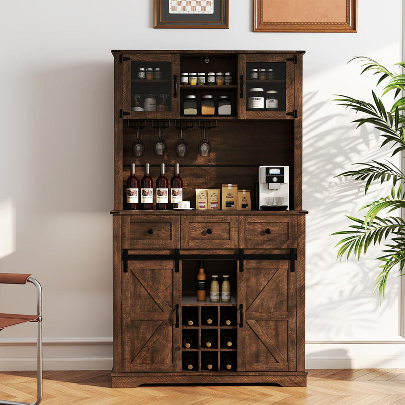 Giantex 72" Farmhouse Coffee Bar Cabinet w/Glass Doors & Wine Racks
