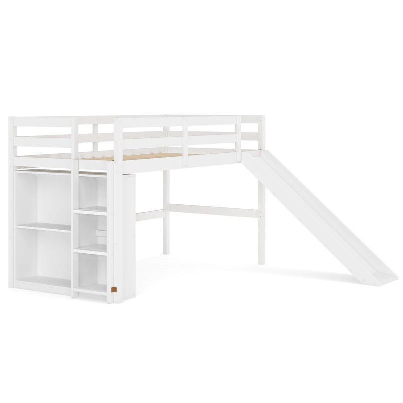 GIANTEX Twin Size Loft Bed with Slide Ladder Storage Shelves for Kids