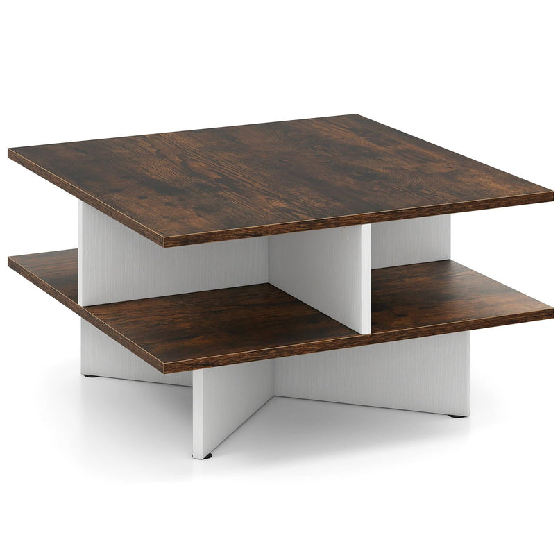 Giantex Square Coffee Table with 4 Storage Compartments & Cross Shape Base