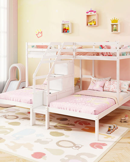 Giantex Twin Over Twin & Twin Bunk Bed, Triple Bunk Beds with 4-Step Storage Stair, Wooden 3 Bunk Beds for Kids Teens