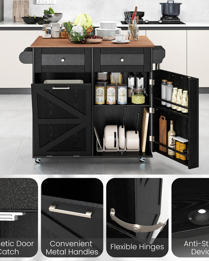 Giantex Kitchen Island Cart with Hidden Tilt Out Trash Can Cabinet, Drop Leaf, 2 Drawers, Towel Rack