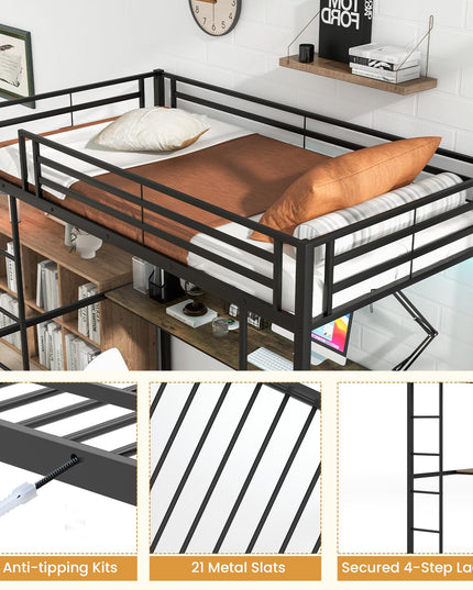 Giantex Twin Loft Bed with L-Shaped Desk, Metal Loft Bed Frame with LED Lights