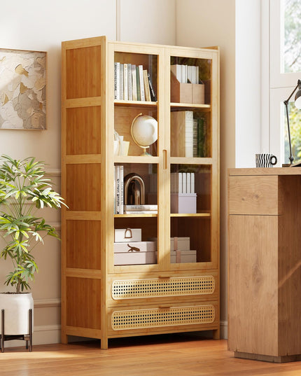 GIANTEX 54.5" Tall 6-Tier Freestanding Bamboo Bookshelf with 2 Acrylic Doors and 2 Drawers