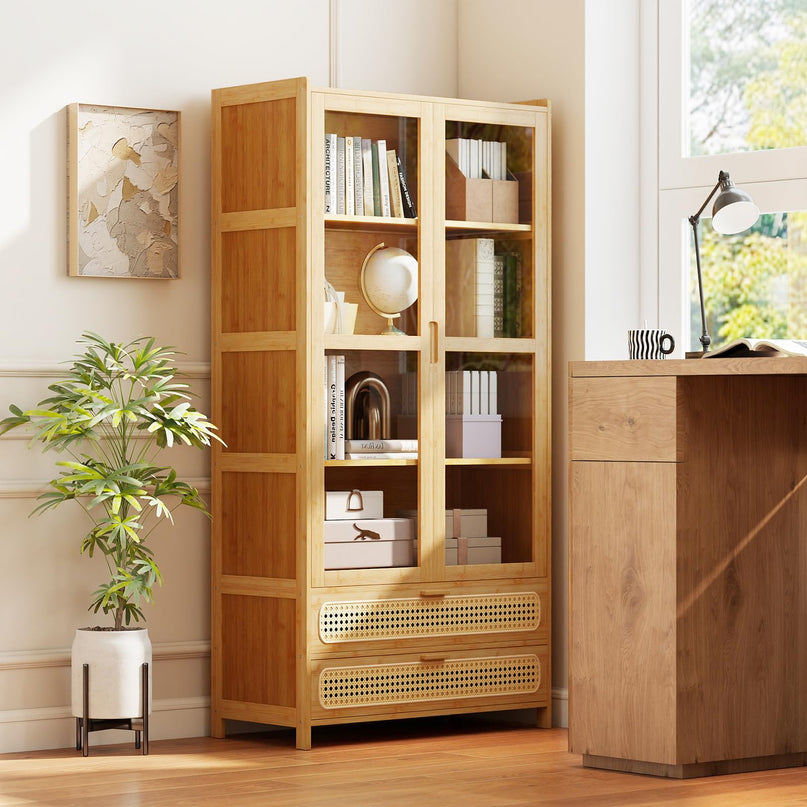 GIANTEX 54.5" Tall 6-Tier Freestanding Bamboo Bookshelf with 2 Acrylic Doors and 2 Drawers